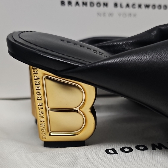 Brandon Blackwood Black Leather Knotted Mule Sandals with Gold B-Heel - Picture 14 of 15